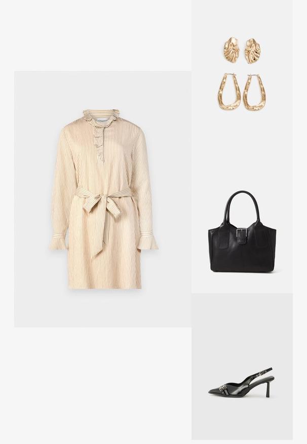 Robe beige avec des rayures verticales, col volanté, patte de boutonnage, manches longues avec des poignets évasés et une ceinture à nouer à la taille.; Chaussure slingback en cuir verni noir avec un embout pointu, des brides de cheville avec des boucles en argent et des éléments en métal, et un talon fin.; Sac fourre-tout en cuir noir avec une texture lisse, une forme structurée, deux poignées et un détail en boucle argentée proéminent à l'avant.; Boucles d'oreilles dorées présentant des formes texturées et ondulées. Comprend des clips sculpturaux et un design de créoles ouvertes avec une finition martelée.