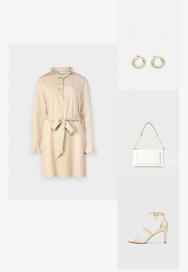 Bež kleit, millel on vertikaalsed triibud, volangkrae, nööpidega esipaneel, pikad varrukad koos lehvivate mansettidega ja vöökoht nööriga.; Bežid kõrge kontsaga sandaalid koos õhukese pahkluu rihmaga ja kahe ülemise rihmaga. Läikiv lakkviimistlus ja kuldne detail pahkluurihmadel.; Valge nahast kott tekstureeritud viimistlusega, millel on kuldne kettling ja mustad aktsendid. Include eesmine tasku ja tõmblukk.; Lauren Ralph Lauren BASIC SMALL HOOP - Kõrvarõngad - gold-coloured