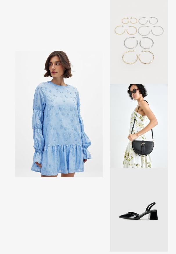 Svetlo modra obleka z cvetličnim vezenjem, dolgimi napihnjenimi rokavi, okroglo ovratnikom in volančastim robom. Narejena iz lahkotnega materiala.; Črne lakirane slingback pete s koničastim nosom in geometrijsko blokasto peto. Imajo eleganten, minimalističen dizajn in gladko teksturo.; Črna usnjena torbica s ukrivljeno obliko, z odstranljivo naramnico in zlatimi dodatki. Torbica ima pokrov s podrobnostmi v obliki zaponke.; Set dvanajstih uhvorov v srebrnih in zlatih odtenkih. Vključuje zvite, gladke in teksturirane modele v različnih velikostih in končnih obdelavah.