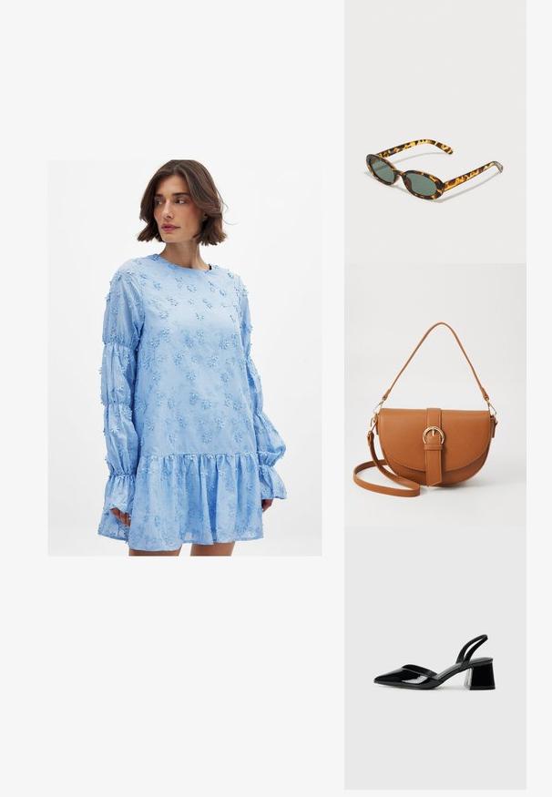 Vaaleansininen mekko, jossa on kukkakirjonta, pitkät puhvihihat, pyöreä pääntie ja röyhelöhelma. Valmistettu kevyestä kankaasta.; Mustat patentoitu nahkakengät, joissa on säären takaosa ja terävä kärki, sekä geometrinen palikkakorko. Sisältää tyylikkään, minimalistisen muotoilun ja sileän pinnan.; Kuvio-oranssi aurinkolasit, joissa on soikeat kehykset, tummanvihreät linssit ja hoikat varret. Varressa on hienovarainen logo.; Ruskean nahkainen olkalaukku, jossa on kaareva muoto, kultaiset yksityiskohdat ja solkiyksityiskohta. Varustettu irrotettavalla olkahihnalla.