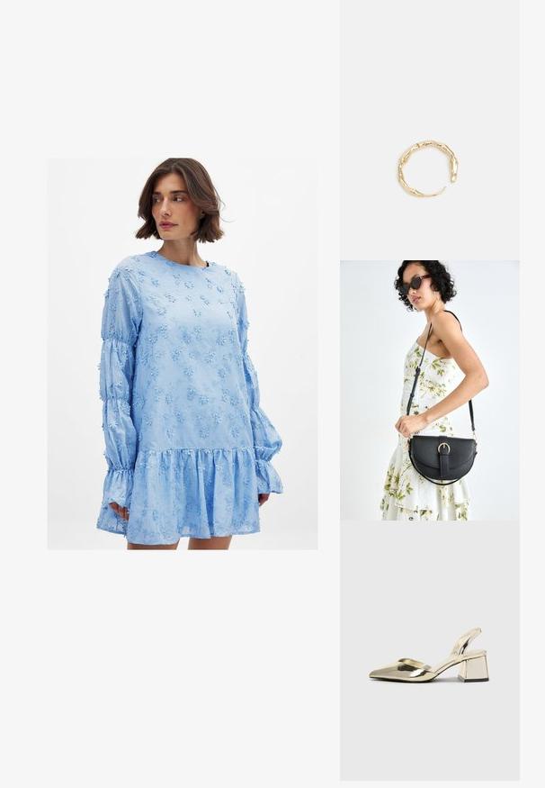 Vaaleansininen mekko, jossa on kukkakirjonta, pitkät puhvihihat, pyöreä pääntie ja röyhelöhelma. Valmistettu kevyestä kankaasta.; Kultaiset, metalliset slingback-kengät, joissa on teräväkärkiset ja paksut korot. Sileä pinta, minimalistinen muotoilu ja kapea hihna.; Musta nahkainen käsilaukku, joka on kaareva muotoilultaan, irrotettavalla hihnalla ja kultaisilla yksityiskohdilla. Laukussa on läppä, jossa on solk yksityiskohta.; Kultaketju, jossa on orgaaninen, kierretty muotoilu, sileä pinta ja cappatut päät, luoden modernin, veistoksellisen ilmeen.