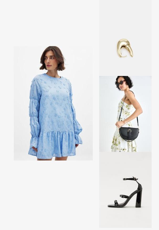 Vaaleansininen mekko, jossa on kukkakirjonta, pitkät puhvihihat, pyöreä pääntie ja röyhelöhelma. Valmistettu kevyestä kankaasta.; Musta kiiltävä korkokenkä sandaalit neliönmuotoisella varpaalla, nilkkaremmillä ja hopeisilla soljilla. Varustettu tukevalla lohkokorkealla vakauden takaamiseksi.; Musta nahkainen käsilaukku, joka on kaareva muotoilultaan, irrotettavalla hihnalla ja kultaisilla yksityiskohdilla. Laukussa on läppä, jossa on solk yksityiskohta.; Kultahipuinen korvakoru, jossa on sulavalinjainen, kaareva muotoilu. Ominaisuuksiin kuuluu erottuva terävä muoto, kiillotettu pinta ja sarana kiinnitys.