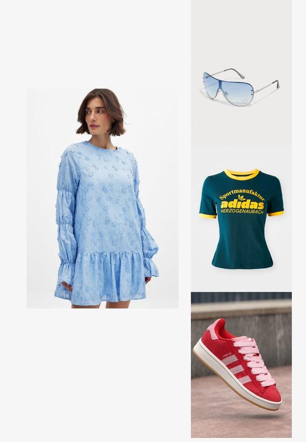 Šviesiai mėlyna suknelė su gėlių siuvinėjimu, ilgomis pūstomis rankovėmis, apvaliu iškirpimu ir raukšlėtu apdailu. Pagaminta iš lengvos medžiagos.; Mėlynas medvilninis marškinėliai su geltonu ruoželiu prie apykaklės ir rankogalių. Ant marškinėlių yra didelis geltonas užrašas: "Sportmanufaktur adidas HERZOGENAURACH" ir logotipas.; Raudoni suediniai sportbačiai su rožiniais akcentais, turintys tris baltas juosteles ir šviesiai rožinius raištelius. Balta tarpinė ir gumos guminė padas.; Aviatoriai akiniai su gradientiniais mėlynais objektyvais, sidabriniu metaliniu rėmu ir dekoratyvinėmis žvaigždžių akcentais ant objektyvų. Lygaus ir stilingo dizaino.