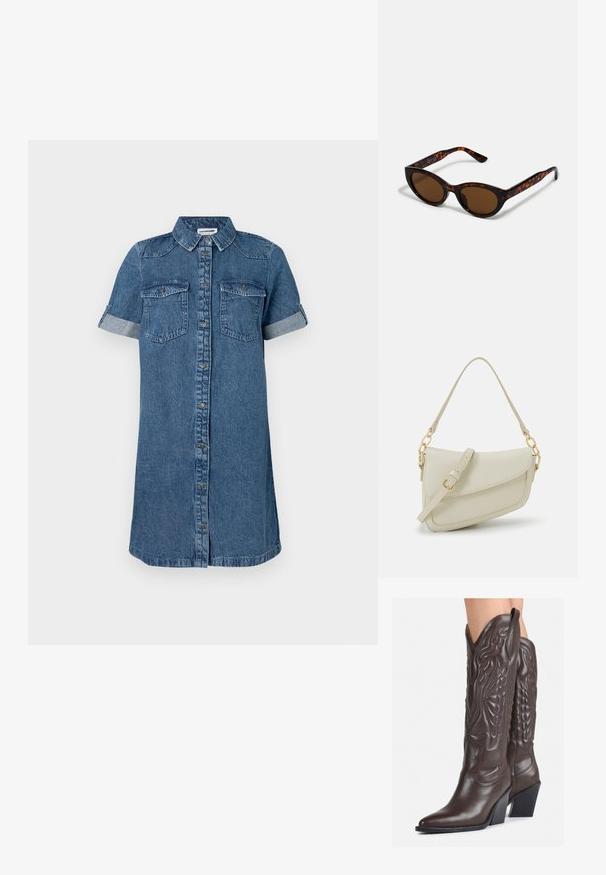 Denimskjortekjole, lys til middels blå, korte ermer med oppbrettede mansjetter, knapper foran, to brystlommer, litt utsvingt silhuett.; Brune skinncowboystøvler med spiss tå og blokkhelt, med detaljerte sømmer og hevede detaljer på skaftet.; Brune skjellbåt solbriller med en vintage katteøyeform og brune linser. Har buede stenger med røde detaljer.; Liten kremfarget håndveske med teksturert overflate, lang justerbar stropp, kjedeakenter og klaffelukking. Detaljer i gullfarge.