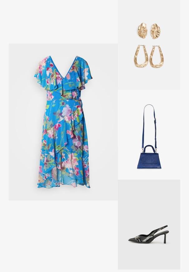 Ziedu raksta kleita ar V veida kaklu, viļņotām piedurknēm un plūstošu siluetu. Izgatavota no viegla auduma zilās, rozā un zaļās krāsās.; Melnā patentēta ādas sandale ar norādītu purngalu, potītes siksniņām ar sudraba sprādzēm un aparatūru, kā arī smalku papēdi.; Zila mākslīgā ādas rokassomiņa ar trīsstūrveida formu, augšējo rokturi un regulējamā plecu siksnu. Tam ir gluda tekstūra un priekšējā atloka detaļa.; Zelta krāsas auskari ar teksturētām, viļņotām formām. Iekļauts skulpturāls piespraužams modelis un atvērta gredzenveida konstrukcija ar izsistām virsmām.