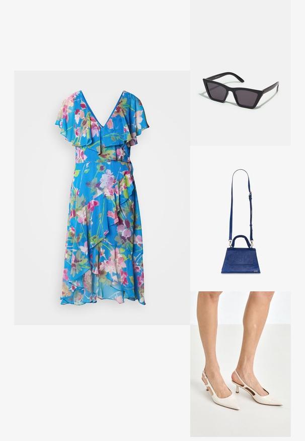 Ziedu raksta kleita ar V veida kaklu, viļņotām piedurknēm un plūstošu siluetu. Izgatavota no viegla auduma zilās, rozā un zaļās krāsās.; Beidzējo oriģinālo bežējo lakotā ādas kurpju papēžus ar norādītu degunu un 5 cm papēdi, kas iekļauj izgrieztās sānu daļas un plānu potītes siksniņu.; Melni, stūrveida saulesbrilles ar pelēkiem objektīviem; izgatavotas no plastmasas, ar biezām kājām, kam ir gluda virsma un nav redzamu stiprinājumu.; Zila mākslīgā ādas rokassomiņa ar trīsstūrveida formu, augšējo rokturi un regulējamā plecu siksnu. Tam ir gluda tekstūra un priekšējā atloka detaļa.