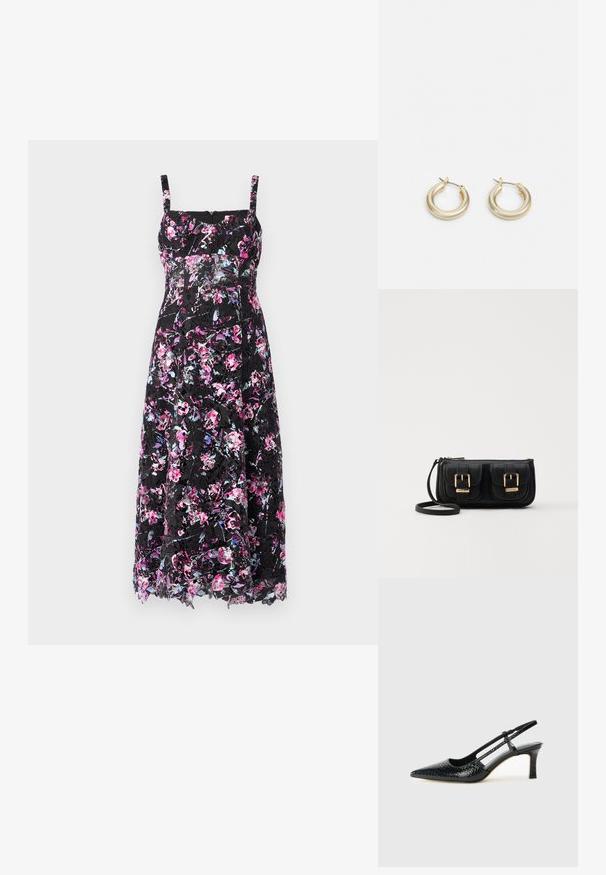 Fekete virágmintás ruha spagetti pántokkal, amely élénk rózsaszín és lila virágmintával rendelkezik, áttetsző csipke béleléssel és közepes hosszúságú kialakítással.; Fekete lakk slingback sarok, hegyes orral, texturált kígyómintával, állítható pánttal és rövid, texturált tömbsarkal.; Fekete bőr keresztbody táska két elülső zsebbel, arany csattokkal, cipzáras záródással és vékony pánttal. Textúrált felület és kompakt téglalap alak.; Lauren Ralph Lauren BASIC SMALL HOOP - Fülbevalók - gold-coloured