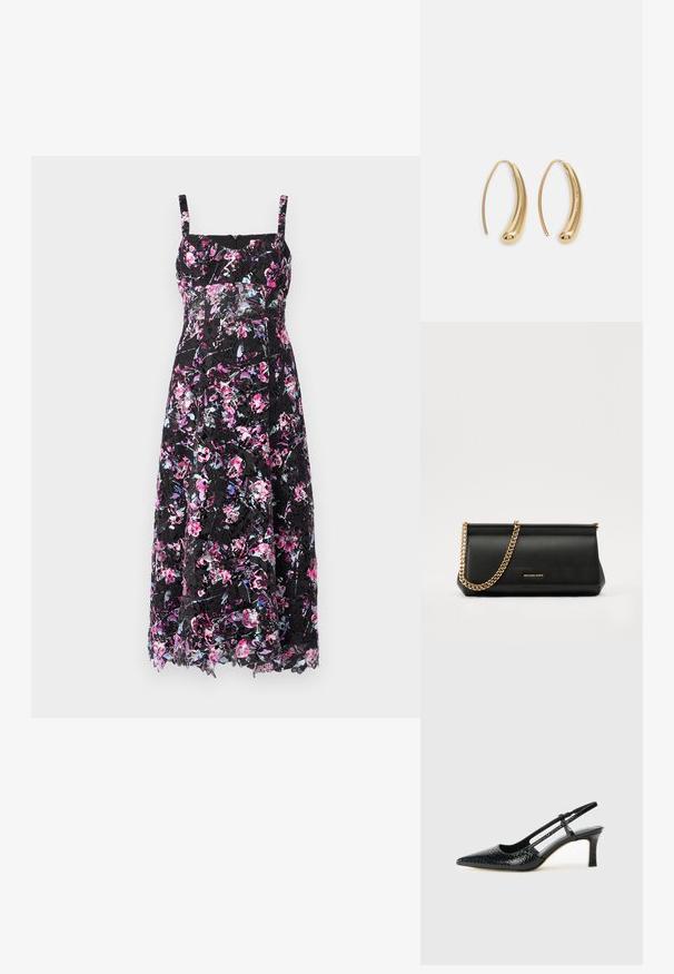 Rochie neagră cu flori, cu bretele subțiri, având un model vibrant de flori roz și violet, cu un overlay de dantelă transparentă și un design de lungime medie.; Pantofi cu toc slingback negri din patent, cu vârf ascuțit, cu imprimeu de șarpe texturat, curea ajustabilă și toc scurt texturat.; Plică din piele neagră cu o curea din lanț auriu, având o textură netedă, formă rectangulară și o marcă embosată pe față.; Cercei din metal auriu, cu un design curbat și alungit. Au o suprafață netedă și strălucitoare, cu un vârf rotunjit pentru un detaliu suplimentar.