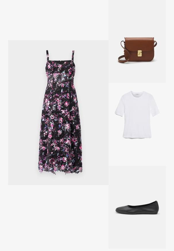 Abito floreale nero con spalline sottili, caratterizzato da un vivace motivo di fiori rosa e viola, con un sovrapposto in pizzo trasparente e un design di media lunghezza.; T-shirt bianca a maniche corte realizzata in tessuto a costine. Collo rotondo, vestibilità regolare e dettagli di cucitura sottili. Senza motivi o grafiche.; Pantofole da balletto nere in pelle con punta arrotondata, texture liscia, dettagli di cucitura minimi e design con suola flessibile.; Borsa a tracolla in pelle marrone con chiusura a pattina, hardware color oro, tracolla e una finitura liscia. Forma rettangolare compatta.