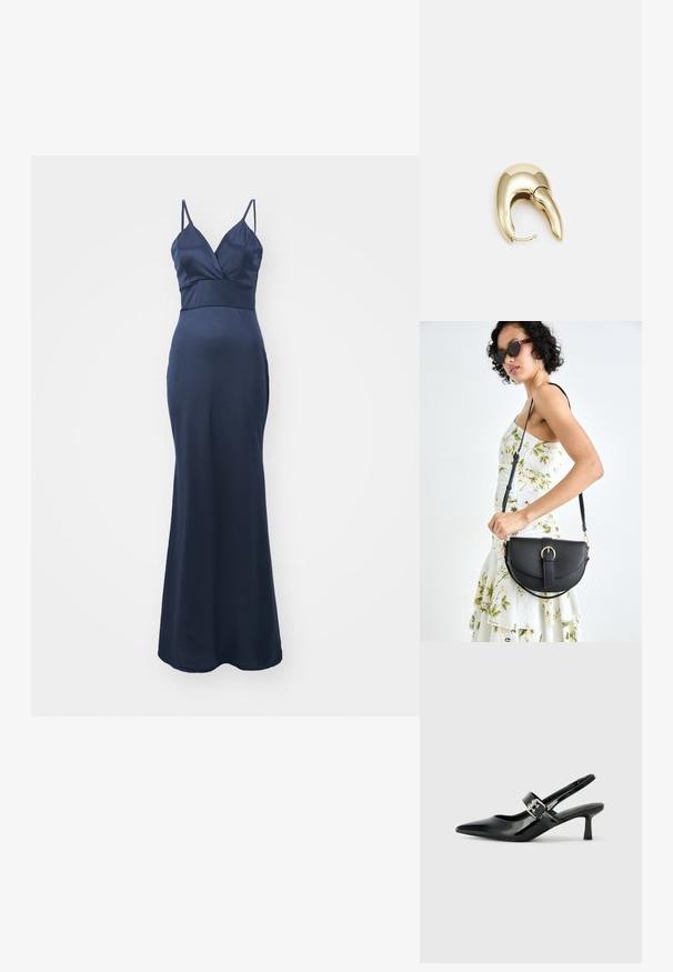 Navy blue satin evening dress with a V-neck, thin adjustable straps, fitted bodice, and a straight, floor-length skirt. Smooth texture.; Black patent leather slingback heels with a pointed toe and a small block heel, featuring a silver buckle accent on the strap.; Black leather handbag with a curved shape, detachable strap, and gold hardware. The bag features a flap with a buckle detail.; Gold-tone metal earring with a sleek, curved design. Features a distinctive pointed shape, polished surface, and hinge closure.