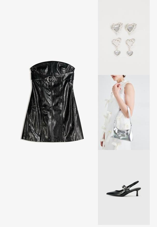 Rochie din piele neagră, cu un design fără bretele, având un talie cu curea și cusături verticale care îmbunătățește silueta structurat.; Sandale cu toc din piele patent neagră, cu vârful ascuțit și un toc mic bloc, având un accent cu cataramă argintie pe curea.; Geantă metalică argintie cu o formă structurată, având un mâner superior și un detaliu sub formă de fundă pe față. Textură netedă, finisaj reflexiv.; Cerceii în formă de inimă argintie sunt decorați cu pietre clare fațetate, având un cadru texturat. Setul include stiluri cu buton și cu pandantiv.