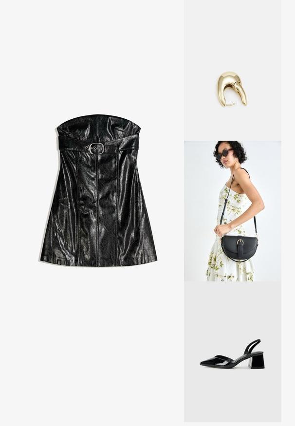 Musta nahkamekko ilman olkaimia, belted vyötarekulalla ja pystyviivoilla, jotka korostavat sen rakenteellista siluettia.; Mustat patentoitu nahkakengät, joissa on säären takaosa ja terävä kärki, sekä geometrinen palikkakorko. Sisältää tyylikkään, minimalistisen muotoilun ja sileän pinnan.; Musta nahkainen käsilaukku, joka on kaareva muotoilultaan, irrotettavalla hihnalla ja kultaisilla yksityiskohdilla. Laukussa on läppä, jossa on solk yksityiskohta.; Kultahipuinen korvakoru, jossa on sulavalinjainen, kaareva muotoilu. Ominaisuuksiin kuuluu erottuva terävä muoto, kiillotettu pinta ja sarana kiinnitys.