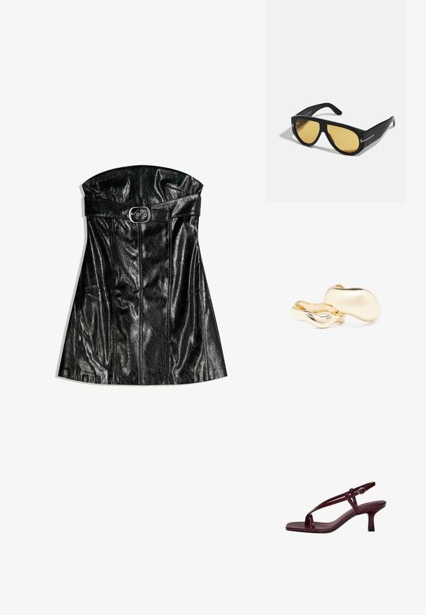 Black leather dress with a strapless design, featuring a belted waist and vertical seams that enhance its structured silhouette.; Burgundy high-heeled sandals with a square toe, slender straps, and an ankle buckle. Smooth leather texture and a slender, block heel.; Black sunglasses with a geometric frame, yellow lenses, and gold accents on the temples. Smooth texture, wide shape, contemporary design.; Gold-colored earrings with an organic, bean-like shape and smooth, reflective surface; features a minimalist design with no visible hardware.
