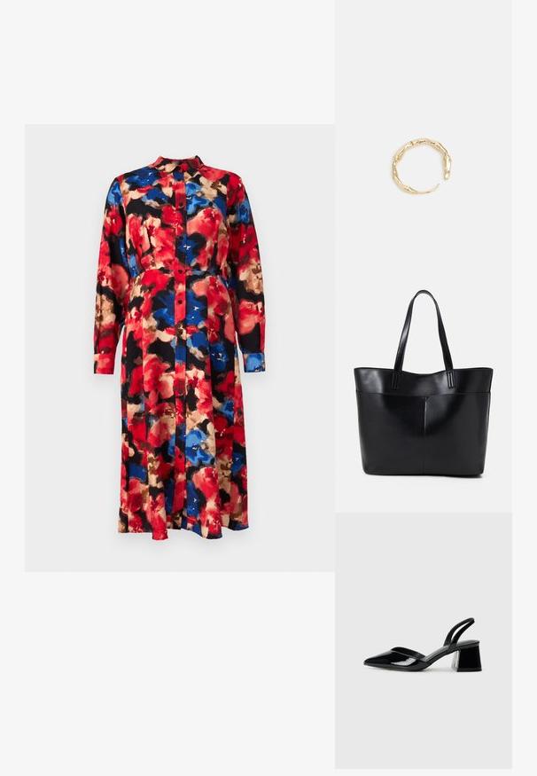 Oblačilo s cvetličnim vzorcem, dolgimi rokavi, gumbnim zapiranjem spredaj in ovratnikom. Ima rdečo, modro, bež in črno barvo ter ležeren silhuet.; Črne lakirane slingback pete s koničastim nosom in geometrijsko blokasto peto. Imajo eleganten, minimalističen dizajn in gladko teksturo.; Črna usnjena torba z dvema dolgima ročajema, gladko teksturo in strukturirano obliko. Ima sprednji žep za dodatno shranjevanje.; Zlati prstan s organskim, zvitim dizajnom, gladko površino in taperiranimi konci, ki ustvarja modernega, skulpturalnega videza.