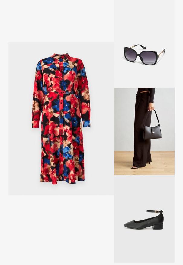 Blumengemustertes Kleid mit langen Ärmeln, Knopfleiste vorne und Kragen. Es weist die Farben Rot, Blau, Beige und Schwarz auf und hat eine fließende Silhouette.; Schwarze Lederpumps mit spitzem Zehenbereich und niedrigem Blockabsatz. Mit einem Knöchelriemen und einer goldfarbenen Schnalle. Glatte Textur.; Schwarze übergroße Sonnenbrille mit getönten Gläsern, dicken Rahmen und goldfarbener Kettendetaillierung an den Bügeln.; Schwarze Handtasche mit strukturierter Form, glatter Textur und einem metallischen Verschluss. Kombiniert mit weiten schwarzen Hosen und offenen Sandalen auf einem Holzboden.