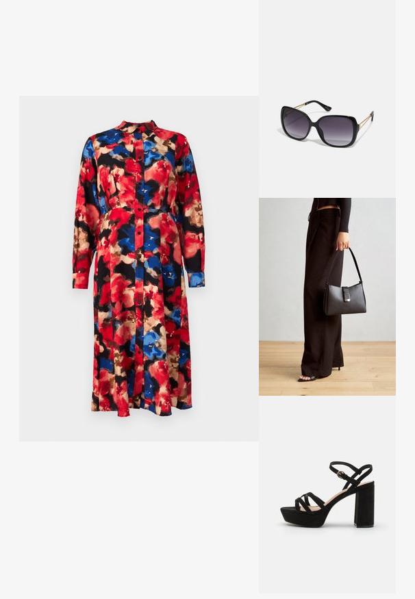 Rochie cu imprimeu floral, cu mâneci lungi, deschidere cu nasturi la front și guler. Prezintă culorile roșu, albastru, bej și negru, având o siluetă fluidă.; Sandale platform din suede negru cu tocul bloc, având curele încrucișate și o curea cu cataramă la gleznă pentru un fit sigur.; Ochelari de soare negri, supradimensionați, cu lentile degradate, rame groase și detalii cu lanț de ton auriu pe brațele templului.; Genți negre cu o formă structurată, textură netedă și un închizător metalic. Asortată cu pantaloni negri largi și sandale cu vârf deschis pe un podea din lemn.