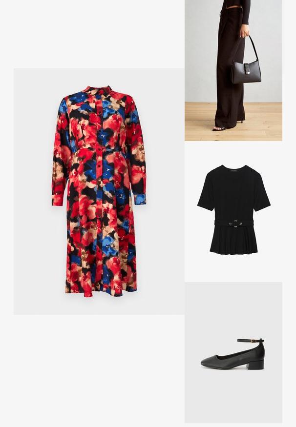 Šaty s kvetinovým vzorom a dlhými rukávmi, zapínanie na gombíky vpredu a golier. Obsahujú červené, modré, béžové a čierne farby a majú ľahký siluetu.; Čierny krátky rukáv top vyrobený z hladkého materiálu, so strihom peplum a opaskom v páse so syntetickými guľatými striebornými gombíkmi.; Čierne kožené lodičky s špicatou špičkou a nízkym blokovým podpätkom. Obsahuje remienok okolo členka so zlatým prackou. Hladký povrch.; Čierna kabelka so štruktúrovaným tvarom, hladkou textúrou a kovovou sponou. V kombinácii so širokými čiernymi nohavicami a sandálmi s otvorenou špičkou na drevenej podlahe.