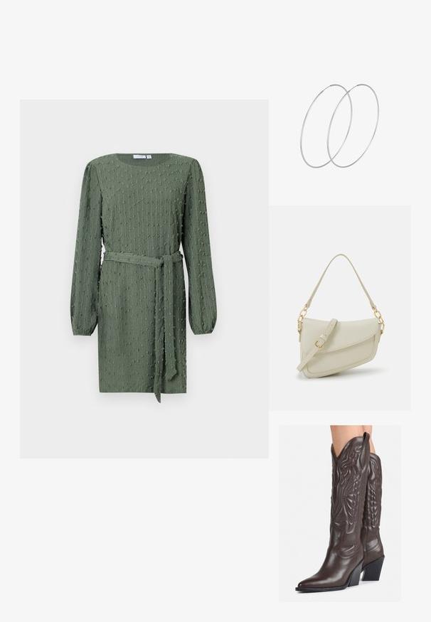 Šaty po kolená s dlhým rukávom v textúrovanej tmavozelenej látke, s okrúhlym výstrihom a zúženým opaskom v páse.; Hnedé kožené kovbojské topánky s špicatou špičkou a blokovým podrážkou, so zložitým prešívaním a vyvýšenými akcentmi na puzdre.; Malá krémová kabelka s textúrovaným povrchom, dlhým nastaviteľným popruhom, reťazovým detailom a klopovým uzáverom. Zlaté kovové prvky.; Strieborné kruhové náušnice s minimalistickým dizajnom. Cirkulárny tvar, hladký povrch a tenký profil. Ľahké s lesklým povrchom.
