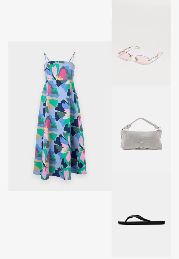 Farbiger, mittellanger Dress aus leichtem Stoff. Hat eine blaue Basis mit großen Blumenmustern in Pink, Grün und Marineblau. Verstellbare Träger.; Schwarze Gummi-Flip-Flop-Sandale mit einem strukturierten Riemen und einfacher flacher Sohle, von der Seite auf einem schlichten hellen Hintergrund dargestellt.; Gucci Sonnenbrille - gold-coloured/pink; Metallnetz-Schultertasche in Silber, ausgestattet mit einem geknoteten Griff, Reißverschluss und geometrischer Körperform mit glatter Textur.