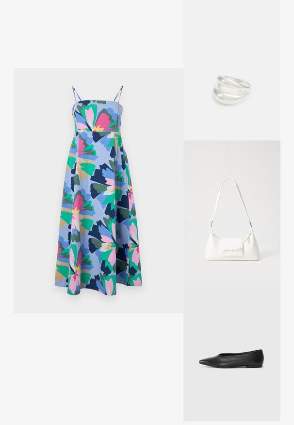 Värviline, keskmise pikkusega kleit, mis on valmistatud kergetest kangastest. Sinine alus, millel on suured lillemustrid roosa, rohelise ja tumevilja värvides. Reguleeritavad rihmad.; Musthave mustris balletkingad, terav nina, minimaliseeritud disain, sile pind, madal konts, ilma nähtava riistvara või kaunistusteta.; Valge sünteetilisest materjalist kott kolmnurkse kujuga, lame esiklapiga ja kaaredetailiga, reguleeritava rihmaga, sileda tekstuuriga ja minimalistliku disainiga.; Hõbedane kahekordne rõngas sujuva, poleeritud pinnaga. Omab voolavat, kõverat disaini, millel on kattuvad sektsioonid, et saavutada kaasaegne ilme.; Hõbedane kahekordne rõngas sujuva, poleeritud pinnaga. Omab voolavat, kõverat disaini, millel on kattuvad sektsioonid, et saavutada kaasaegne ilme.; Hõbedane kahekordne rõngas sujuva, poleeritud pinnaga. Omab voolavat, kõverat disaini, millel on kattuvad sektsioonid, et saavutada kaasaegne ilme.