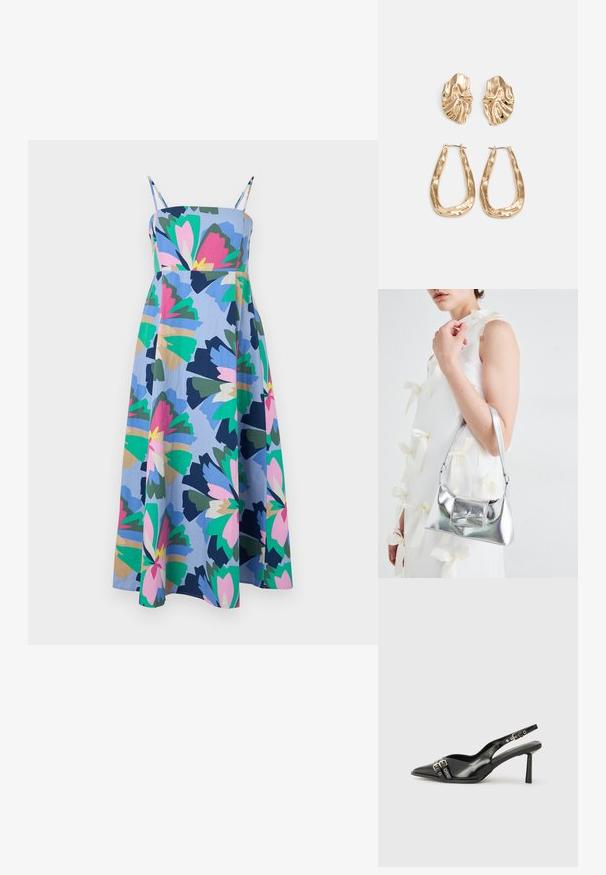Farbiger, mittellanger Dress aus leichtem Stoff. Hat eine blaue Basis mit großen Blumenmustern in Pink, Grün und Marineblau. Verstellbare Träger.; Schwarzer Lackleder Slingback-Schuh mit spitzem Zehenbereich, Knöchelriemen mit silbernen Schnallen und Beschlägen sowie einem schlanken Absatz.; Silberne metallische Handtasche mit strukturierter Form, ausgestattet mit einem oberen Griff und einer Schleifenapplikation auf der Vorderseite. Glatte Textur, reflektierendes Finish.; Ohrringe in Goldoptik mit strukturierten, gewellten Formen. Beinhaltet skulpturale Clip-Ohrringe und ein offenes Hoop-Design mit gehämmertem Finish.