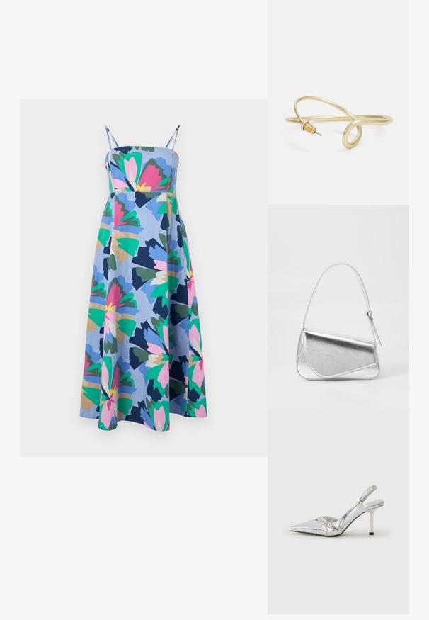 Šarena, haljina srednje dužine od lagane tkanine. Ima plavu podlogu s velikim cvjetnim uzorcima u ružičastoj, zelenoj i tamnoplavoj boji. Podesive naramenice.; Srebrna slingback salonska cipela s oštrim prstom, metalik završnom obradom, dva dekorativna remena i vitkim potplatom s crnim vrhom.; Srebrna metalik torba za ruke s trokutastim oblikom, glatkom teksturom i tankim, podesivim remenom za rame. Ima preklopni dizajn s šavovima.; Zlatna metalna narukvica s fluidnim, zavojitim dizajnom. Sadrži mali, istaknuti srebrni akcent na jednom kraju.