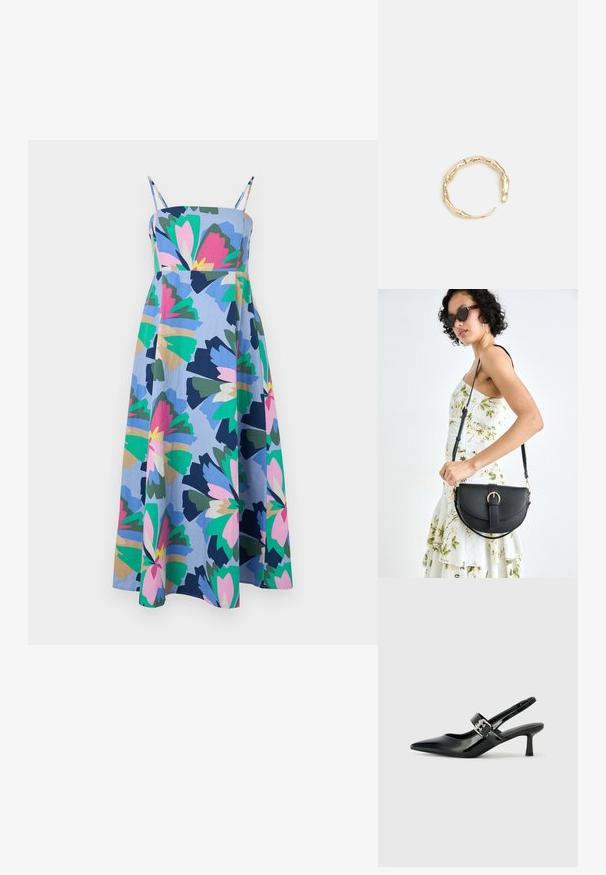 Spalvinga, vidutinio ilgio suknelė, pagaminta iš lengvos medžiagos. Ji turi mėlyną pagrindą su dideliais gėlių raštais rožinės, žalios ir tamsiai mėlynos spalvų. Reguliuojamos petnešos.; Juodai lakuoti slingback aukštakulniai su smailiu kojų pirštu ir mažais blokiniais kulniukais, su sidabro sagtimi ant dirželio.; Juodas odinis krepšys su išlenkta forma, nuimamu dirželiu ir auksiniais detalėmis. Krepšys turi kilpą su sagtimi.; Auksinės spalvos žiedas, turintis organišką, sukimosi dizainą su lygiu paviršiumi ir siaurėjančiais galais, sukuriantis modernią skulptūrinę išvaizdą.