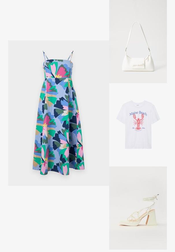 Colorful, mid-length dress made of lightweight fabric. Features a blue base with large floral patterns in pink, green, and navy. Adjustable straps.; White cotton t-shirt featuring a red lobster graphic and blue text that reads "Maine Beach Best Lobster of Massachusetts." Short sleeves.; White high-heeled sandal with a chunky heel, featuring a strappy design and ankle tie. Smooth texture with a platform front for added height.; White synthetic handbag with a triangular shape, flat front flap and bow detail, adjustable strap, smooth texture, and minimalistic design.