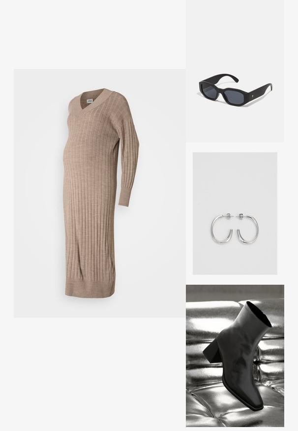 Bež värviline raseduskleit, millel on V-kaelus, pikad varrukad, sooniktekstuur ja lõdva istuvus, mis on loodud mugavuseks raseduse ajal.; Must musta narmand, läikiva materjali ja ruudukujulise varbaga ning kitseneva kontsaga, paigutatud läikiva hõbedaselt tuftitud tausta ette.; Mustad pruudiks prillid ruudukujuliste raamidega, matistatud viimistlusega, tumedate läätsede ja veidi kõverate kätega. Ühel käel on diskreetne logo aktsent.; Hõbedast rõngaskõrvarõngad sileda ja läikiva pinnaga, kõveriku kujuga ning postitaksega sulgur. Minimalistlik disain kaasaegse viimistlusega.