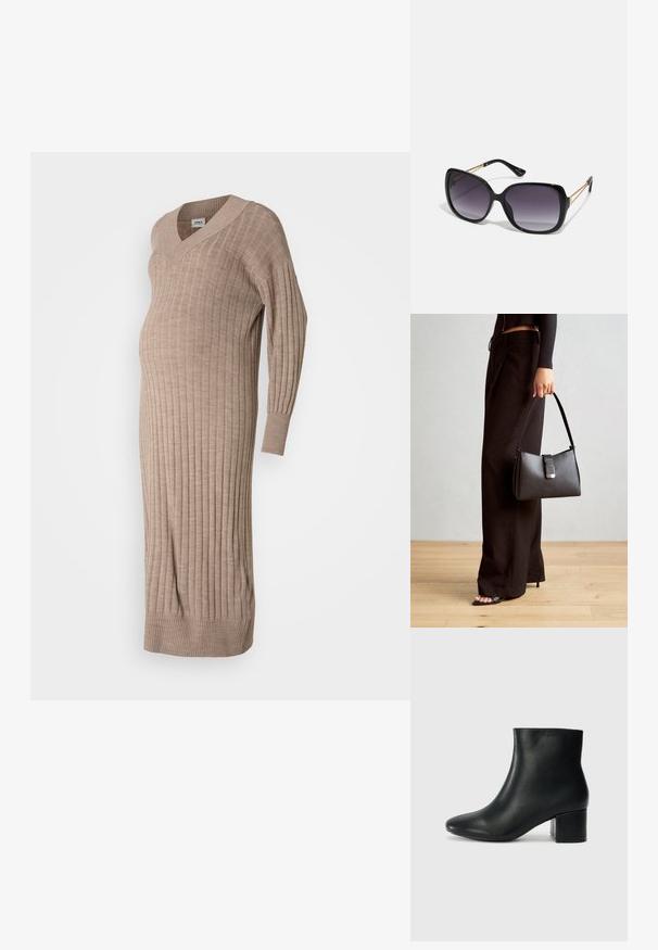 Strikket gravidkjole i beige med V-hals, lange ermer, ribbestrikket tekstur og en avslappet passform som er designet for komfort under graviditeten.; Sorte skinn ankelsko med spiss tå og chunky hæl. Glatt tekstur med minimale detaljer og et elegant, tettsittende design.; Sorte oversized solbriller med gradient linser, tykke rammer og detaljering med gulltonekjede på tempelarmene.; Svart håndveske med strukturert form, jevn tekstur og metallisk lås. Kombinert med brede svarte bukser og sandaler med åpen tå på tregulv.