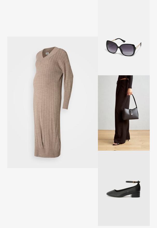 Beige színű kötött kismama ruha, V-nyakkal, hosszú ujjakkal, bordázott textúrával és laza fazonnal, amely a kényelem érdekében készült a terhesség alatt.; Fekete bőr magassarkú cipő hegyes orral és alacsony tömb sarkal. Bokapánttal rendelkezik, aranyszínű csattal. Simább textúra.; Fekete, oversize napszemüveg fokozatos árnyalatú lencsékkel, vastag kerettel és arany színű lánc díszítéssel a szárakon.; Fekete kézi táska strukturált formával, sima textúrával és fémből készült záródással. Széles fekete nadrággal és nyitott orrú szandállal párosítva, fából készült padlón.