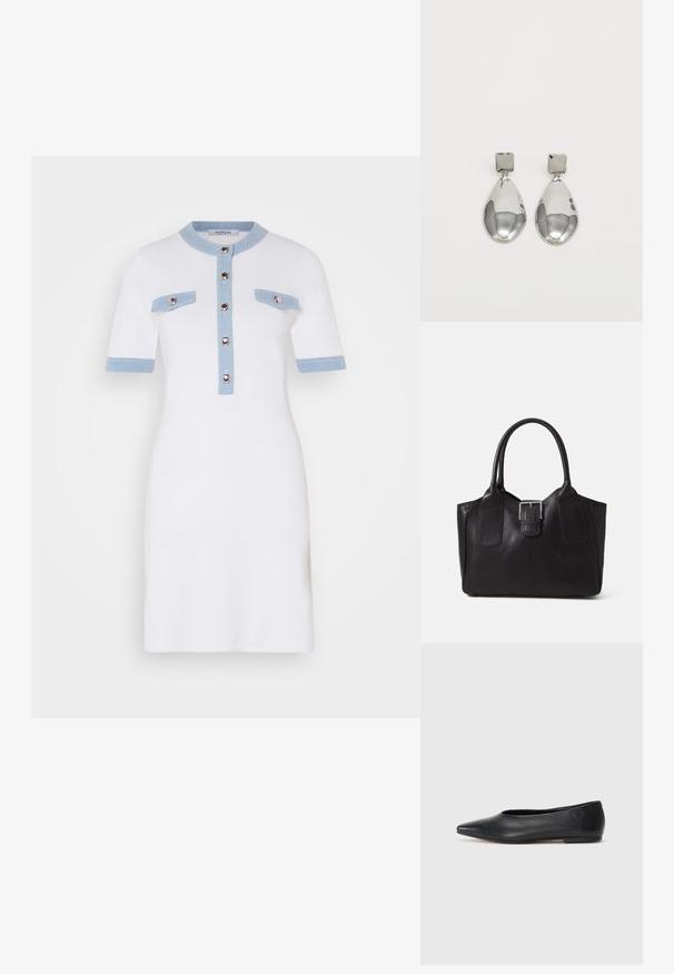 Weißes Kleid mit kurzen Ärmeln, hellblauen Akzenten am Kragen und den Taschen, Knopfverschluss vorne, taillierte Passform, glatte Textur.; Schwarze Leder-Balletschuhe, spitze Zehenform, minimalistische Gestaltung, glatte Textur, niedriger Absatz, keine sichtbaren Beschläge oder Verzierungen.; Schwarze Leder-Tote mit glatter Textur, strukturiertem Design, zwei Griffen und einem auffälligen silbernen Schnallen-Detail auf der Vorderseite.; Silberne Tropfenohrringe mit einem quadratischen Stecker, die eine glatte, polierte Oberfläche und eine Tropfenform aufweisen, die Licht mit einer glänzenden Oberfläche reflektiert.