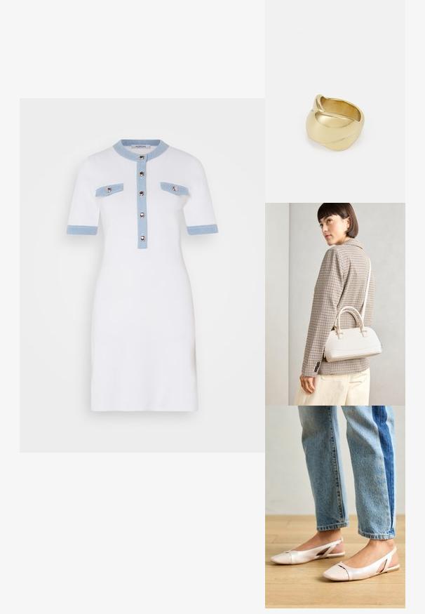 Vestido branco com mangas curtas, detalhes em azul claro na gola e nos bolsos, fecho de botão na frente, design ajustado, textura suave.; Sapatilhas slingback de cor rosa pálido com bico fino, feitas de um material semelhante a couro liso. Apresentam detalhes recortados nas laterais e um salto plano.; Bolsa estruturada branca com alças curtas e uma alça de ombro, com detalhes em hardware dourado e material texturizado, exibida contra um fundo cinza.; Anel dourado com um design liso e torcido. Apresenta uma superfície polida e bordas arredondadas, criando uma forma fluida e sem costura.