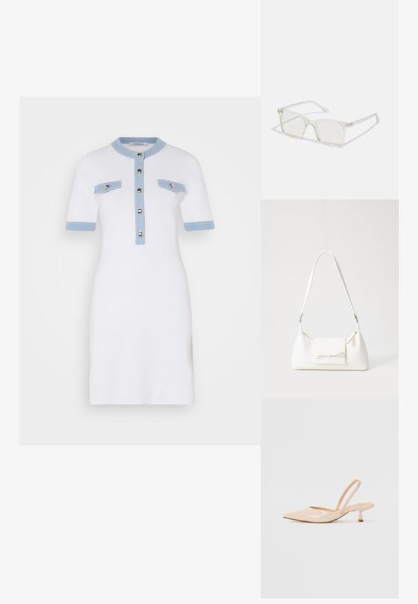 Valge kleit lühikeste varrukatega, helesinised aktsendid kaeluses ja taskutes, nupuga kinn Closure ees, voolav disain, sile tekstuur.; Beežist lakitud nahast slingback kontsad terava nina ja peene ruudukujulise kontsaga. Sile tekstuur ja minimalistlik disain ilma kaunistusteta.; Selge plastmassist ruudukujulised prilliraamid koos läbipaistvate läätsedega, millel on kuldsed aktsendid templitel, et lisada detaile.; Valge sünteetilisest materjalist kott kolmnurkse kujuga, lame esiklapiga ja kaaredetailiga, reguleeritava rihmaga, sileda tekstuuriga ja minimalistliku disainiga.