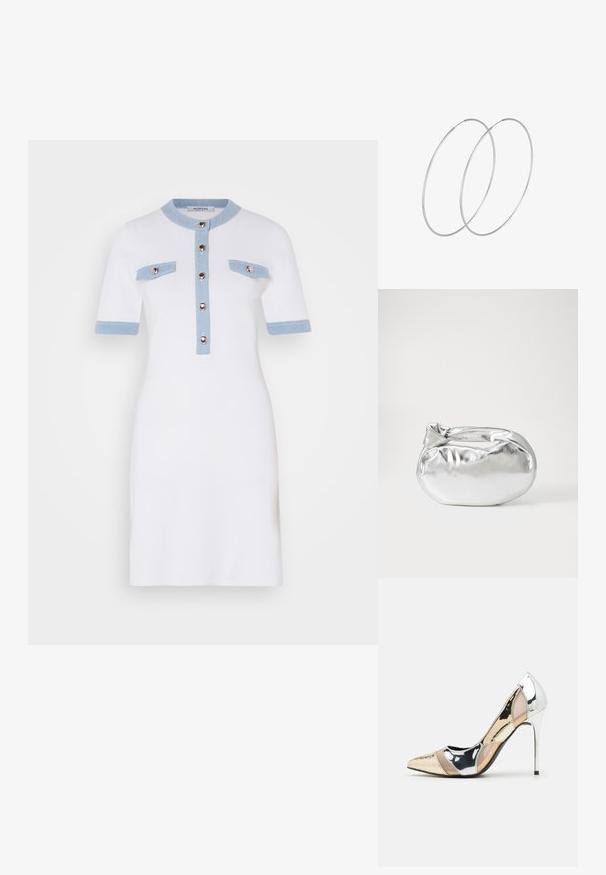 Abito bianco con maniche corte, dettagli azzurri sul colletto e sulle tasche, chiusura con bottoni sul davanti, design aderente, texture liscia.; Scarpa con tacco alto a punta, con una combinazione di colori argento, oro e nudo. Finitura lucida con design a ritaglio, con tacco a stiletto.; Borsa a pochette metallica argentea con una forma morbida e arrotondata e chiusura superiore annodata. Realizzata in materiale sintetico morbido.; Orecchini a cerchio in argento con un design minimalista. Forma circolare, superficie liscia e profilo sottile. Leggeri con una finitura lucida.