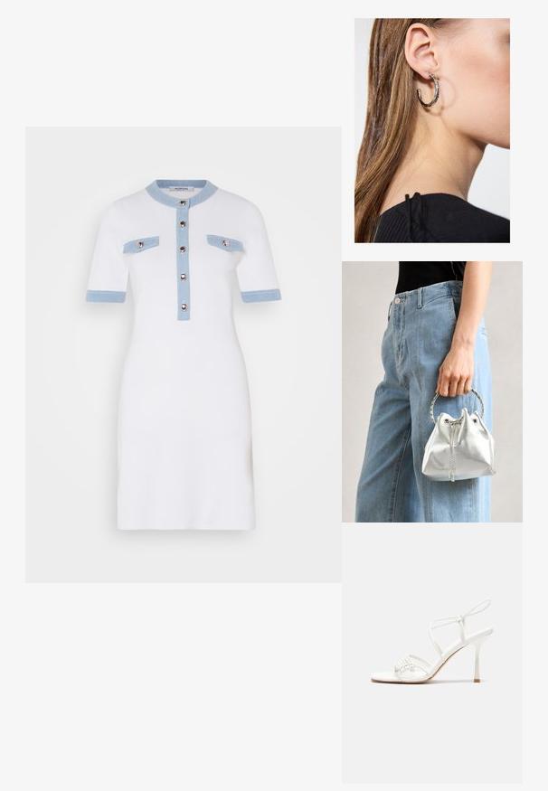 Weißes Kleid mit kurzen Ärmeln, hellblauen Akzenten am Kragen und den Taschen, Knopfverschluss vorne, taillierte Passform, glatte Textur.; Weiße, geschnallte High-Heel-Sandalen mit flacher Zehenbasis, strukturiertem Vorderteil mit gerafften Akzenten und schlankem Knöchelriemen.; Metallisch silberne Bucket Bag mit strukturiertem Finish, verziert mit einem silbernen runden Griff und Kordelzugverschluss, gehalten vor hellblauen Jeans.; Silberne Creolen mit polierter Oberfläche, die kleine goldene Akzentdetails und eine runde Form aufweisen, am Ohrläppchen getragen.