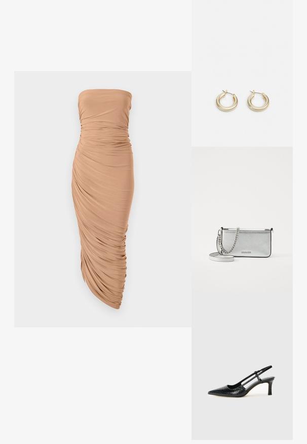 Kratka obleka brez naramnic iz svetlo bež tkanine, ki se ponaša z nabranimi draperijami vzdolž telesa in oprijetim silhueto, ki se konča s koničastim robom.; Črne lakaste slingback pete s koničastim nosom, ki imajo teksturiran vzorec kačje kože, nastavljiv trak in kratek teksturiran blok peto.; Siva usnjena torbica čez ramo z teksturirano površino, verižnimi in trakastimi detajli ter zadrgo. Na sprednji strani je logo.; Lauren Ralph Lauren BASIC SMALL HOOP - Uhani - gold-coloured