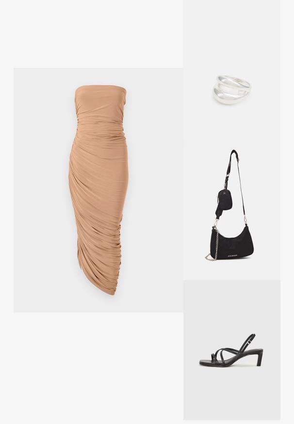 Kratka obleka brez naramnic iz svetlo bež tkanine, ki se ponaša z nabranimi draperijami vzdolž telesa in oprijetim silhueto, ki se konča s koničastim robom.; Črne natikače s trakovi in kvadratnim prstom ter nizkim blokastim peto. Imajo več tankih trakov in nastavljiv trak okoli gležnja. Narejene so iz gladkega usnja.; Črna najlonska torba za rame s ukrivljenim oblikom, s srebrnim verižnim dodatkom, odstranljivim mini žepkom in nastavljivim trakom; vsebuje logotip "Steve Madden".; Srebrn dvojni prstan z gladko, polirano površino. Ima tekoč, ukrivljen dizajn z prekrivajočimi se sekcijami za sodoben videz.