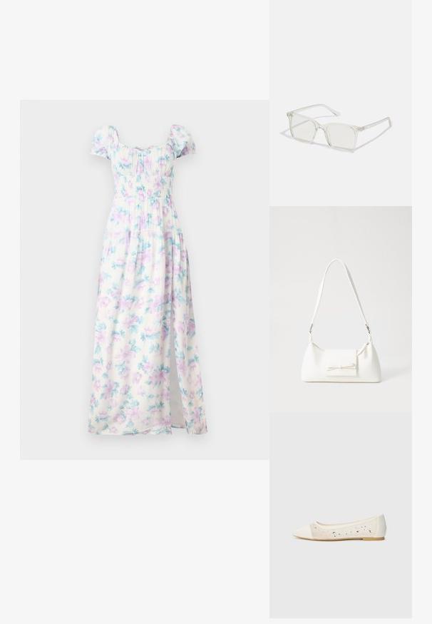 Φλοράλ μάξι φόρεμα με κοντά φουσκωτά μανίκια, λευκό ύφασμα με ανοιχτό μωβ και τιρκουάζ λουλούδια, σμιλευμένος κορσές και πλαϊνό σκίσιμο.; Flat παπούτσι με μυτερή μύτη από κρέμα δέρμα με διάφανο επάνω μέρος που διαθέτει διάσπαρτες ραβδώσεις. Μαλακή σόλα για άνεση, μινιμαλιστική σχεδίαση.; Διάφανα πλαστικά γυαλιά με τετράγωνους σκελετούς και διαφανείς φακούς, με χρυσές λεπτομέρειες στους βραχίονες για επιπλέον στυλ.; Λευκή συνθετική τσάντα σε τριγωνικό σχήμα, με επίπεδη μπροστινή καπάκι και λεπτομέρεια φιόγκου, ρυθμιζόμενο λουράκι, απαλή υφή και μινιμαλιστικό σχέδιο.