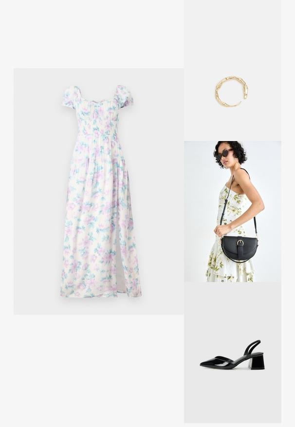 Kvetinové maxi šaty s krátkymi nafúknutými rukávmi, biely materiál s jemnými fialovými a smaragdovými kvetmi, nariasený živôtik a bočný rozparok.; Čierne lakované kožené sandálové podpätky s špicatou špičkou a geometrickým blokovým podpätkom. Disponujú elegantným, minimalistickým dizajnom a hladkým povrchom.; Čierna kožená kabelka s zaobleným tvarom, odnímateľným popruhom a zlatými doplnkami. Kabelka má klopu s detailom s prackou.; Prsteň v zlatej farbe s organickým, skrúteným dizajnom, hladkým povrchom a zužujúcimi sa koncami, vytvárajúci moderný, sochársky vzhľad.