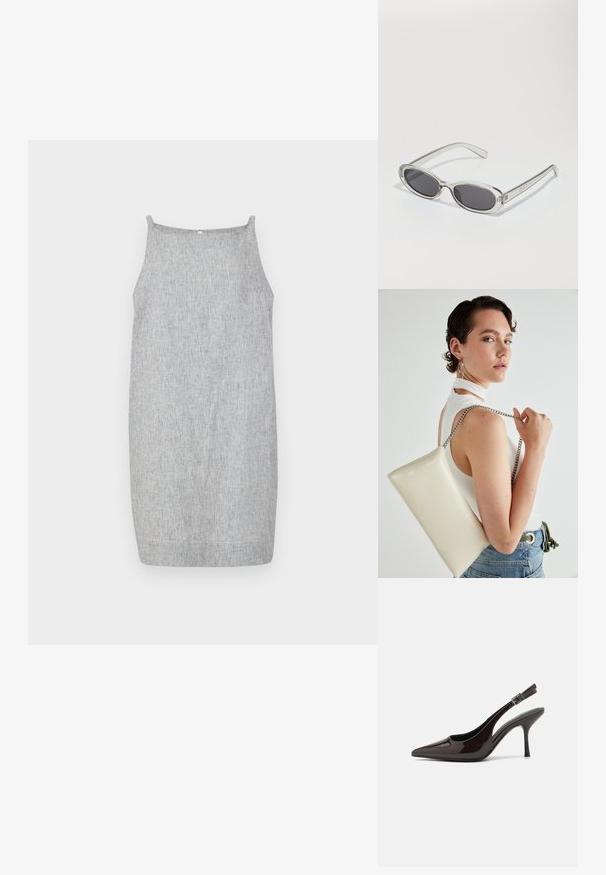 Šedé rebrované šaty bez rukávov so rovný strihom, s tenkými popruhmi a hladkým, textúrovaným povrchom.; Slingback vysoké opätky v lesklej tmavohnedej lakovej koži, so špicatou špičkou, otvorenými stranami a nastaviteľným remienkom na členku.; Slnečné okuliare oválneho tvaru, s priehľadným plastovým rámom, tmavošedými šošovkami a tenkými priehľadnými ramienkami s logovými akcentmi a minimálnym detailovaním.; Biely obdĺžnikový kabelka z lesklého materiálu s strieborným reťazovým popruhom. Model predvádza kabelku na jednotnom pozadí.
