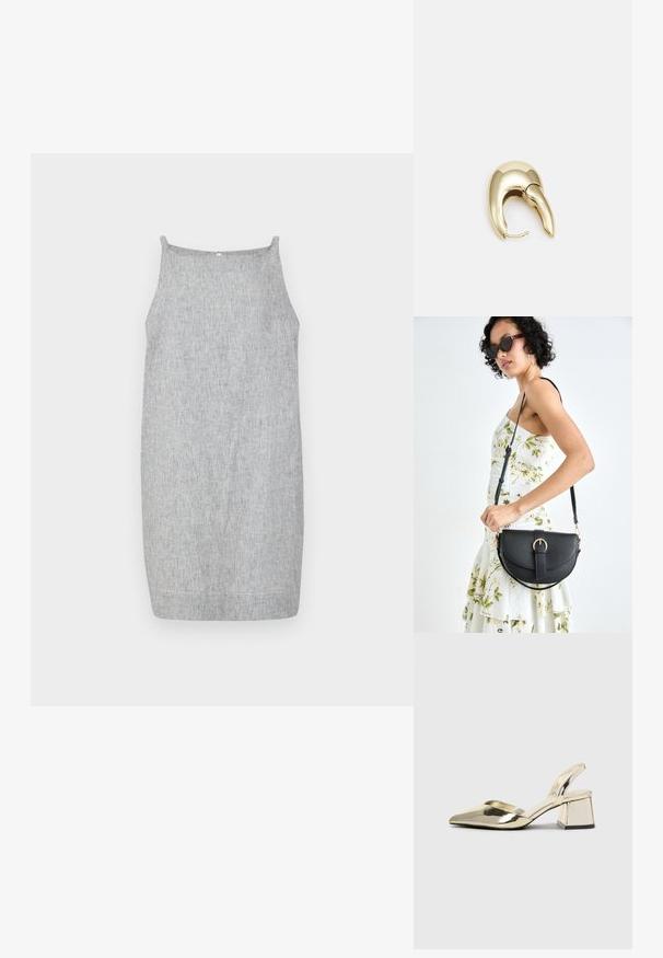 Graues, geripptes, ärmelloses Kleid mit geradem Schnitt, das über dünne Träger und eine glatte, strukturierte Oberfläche verfügt.; Goldene, metallische Slingback-Absätze mit spitzem Zeh und dicker Ferse. Glatte Textur, minimalistisches Design und ein schmaler Riemen.; Schwarze Lederhandtasche mit geschwungener Form, abnehmbarem Tragegurt und goldenen Beschlägen. Die Tasche verfügt über einen Deckel mit einer Schnallen-Details.; Ohrringe aus goldfarbenem Metall mit einem schlanken, geschwungenen Design. Sie verfügen über eine markante, spitze Form, eine polierte Oberfläche und einen Scharnierverschluss.