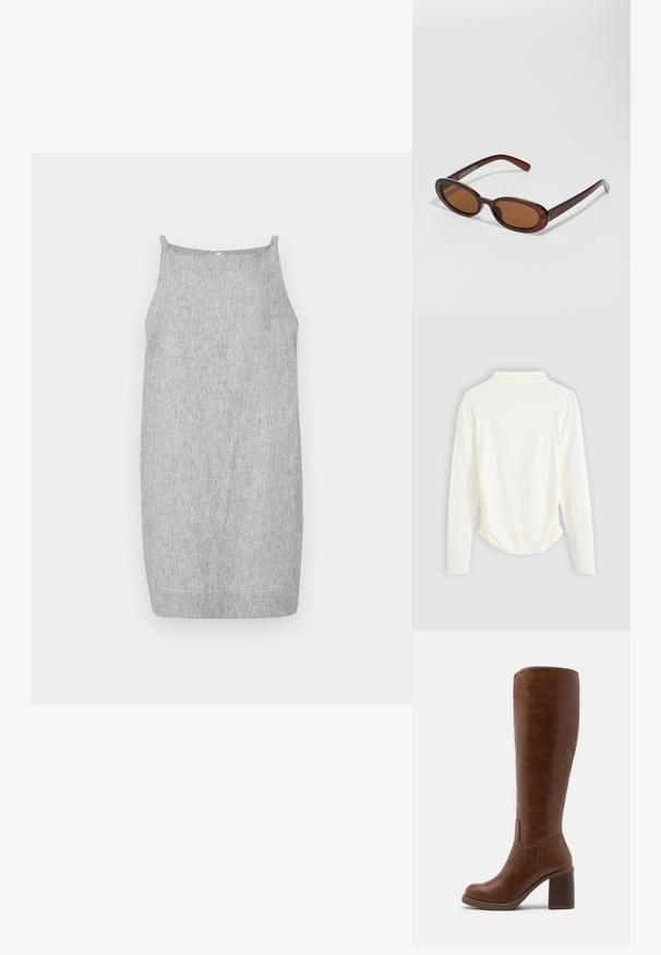 Szürke, bordázott, ujjatlan ruha egyenes szabással, vékony pántokkal és sima, texturált felülettel.; Hosszú ujjú felső krém színű anyagból, enyhe redőzéssel az oldalakon és klasszikus gallérral. Sima textúra, egyszerű kialakítás.; Barna, térd felettig érő csizmák sima műbőrből, lekerekített orral, blokk sarkon függőleges barázdákkal, és minimalista dizájnnal.; Kerek, barna árnyalatú napszemüveg fényes burgundi kerettel. Karcsú karok diszkrét márkázással. Lapos lencse kialakítás.