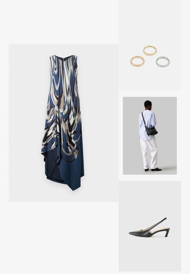 Muguras bez piedurknēm, līdz ceļgaliem, zilā, krējuma un brūnā abstraktā rakstā. Iezīmē drapētā priekšpuse, V veida dekoltē un asimetrisks apakšmalas dizains. Gluda auduma.; Melna, ar smailu purngalu, slingback kurpe ar zemu papēdi, izgatavota no gludas ādas materiāla un ar izgriezumiem sānos gaisa caurlaidībai.; Melna ādas plecu soma ar mīkstu tekstūru, trīsstūra formu un regulējamu siksnu, apvienota ar gaiši zilu svītrotu krekli un baltām biksēm.; Trīs metāla gredzeni: viens rozā zeltā, viens zeltā ar teksturētiem akcentiem un viens sudraba, visiem ar iegravētām zīmola atzīmēm iekšējā joslā.