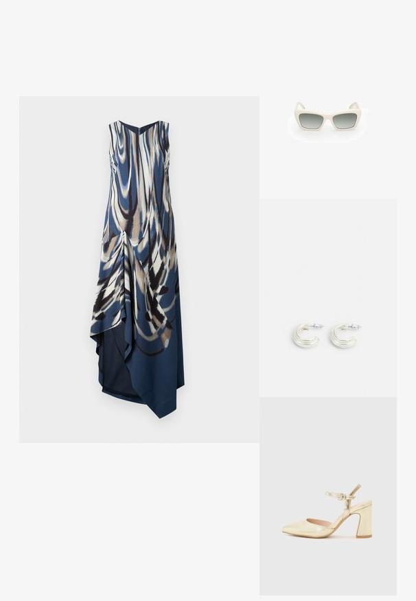 Sukienka bez rękawów, do kolan, w niebieskim, kremowym i brązowym abstrakcyjnym wzorze. Posiada drapowany przód, dekolt w kształcie litery V oraz asymetryczny dół. Gładki materiał.; Złote metaliczne buty na obcasie z wąskim noskiem, paskiem wokół kostki z okrągłym zapięciem oraz masywnym obcasem. Gładka tekstura.; Okulary przeciwsłoneczne w kocim kształcie, z białą plastikową oprawką, szarymi gradientowymi soczewkami i cienkimi zausznikami z delikatnym detalem brandingowym.; Srebrne kolczyki w splocie w kształcie obręczy, z teksturowaną powierzchnią i żłobieniami, zapinane na zapięcie typu sztyft.