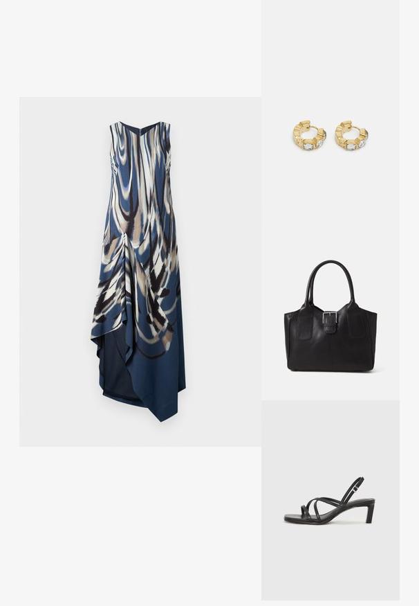 Robe sans manches, longueur genoux, avec un imprimé abstrait en bleu, crème et marron. Présente un devant drapé, un décolleté en V et un ourlet asymétrique. Tissu lisse.; Sandale noire à lanières avec un bout carré et un petit talon bloc. Elle présente plusieurs fines lanières et une sangle de cheville ajustable. Fabriquée en cuir lisse.; Sac fourre-tout en cuir noir avec une texture lisse, une forme structurée, deux poignées et un détail en boucle argentée proéminent à l'avant.; Boucles d'oreilles créoles en or avec un design texturé et trois accents de cristal clair d'un côté, offrant une esthétique géométrique moderne.
