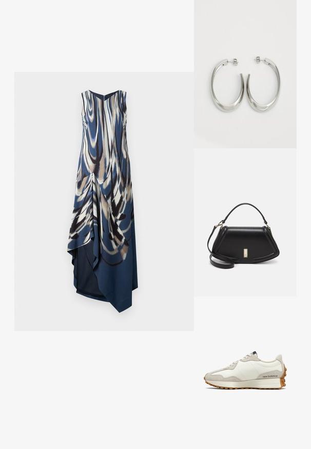 Ärmlös, knälång klänning i blå, krämfärgad och brun abstrakt tryck. Har draperad front, V-ringning och asymmetrisk nederkant. Slät tyg.; Vita och beige sneaker med en slät läderovandel, mockadetaljer, rund tå och en texturerad gummisula. Varumärket tryckt på sidan.; Svart läderhandväska med en strukturerad design, som har en avskuren form, ett handtag upptill och guldiga detaljer. Justerbar axelrem ingår.; Silverfärgade hoopsörhängen med en slät, böjd design. Har en glänsande metallisk yta och ett stiftlås. Inga synliga mönster eller detaljer.