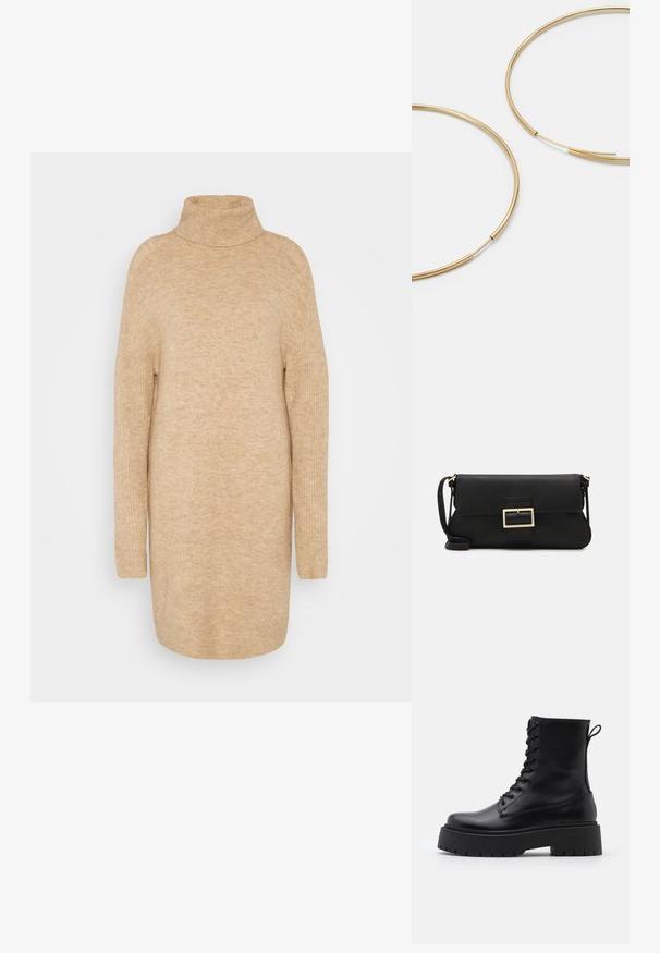 Bēšas krāsas augstā apkakle, mīksta adījuma tekstūra, brīva piegriezuma, garas piedurknes un nedaudz pārāk liels dizains.; Melni ādas potītēm zābaki ar apļveida purngalu, auklām priekšpusē un biezu gumijas zoli ar teksturētu protektoru. Velkšanas cilpa aizmugurē.; Melnas ādas saķeres soma ar atloku un zelta metāla sprādzi. Ietver melnu siksnu un elegantu, minimālistisku dizainu.; Zelta krāsas auskari gredzena formā, plāni un apaļi, ar gludu metāla apdari un bez rotājumiem vai zīmējumiem.