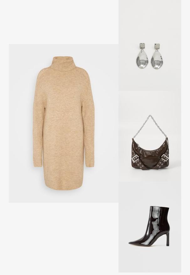 Pulover bej cu guler înalt, textură tricotată moale, croială lejeră, mâneci lungi și design ușor supradimensionat.; Botină din piele patent neagră, cu vârf ascuțit și siluetă elegantă. Prezintă un toc stiletto și o textură netedă.; Geantă de mână din piele lacuită de culoare maro închis, cu curea din lanț argintiu, curele decorative cu catarame duble și închidere cu fermoar.; Cercei din argint cu stud pătrat, având un finisaj neted și lustruit, într-o formă de lacrimă, care reflectă lumina cu o suprafață lucioasă.