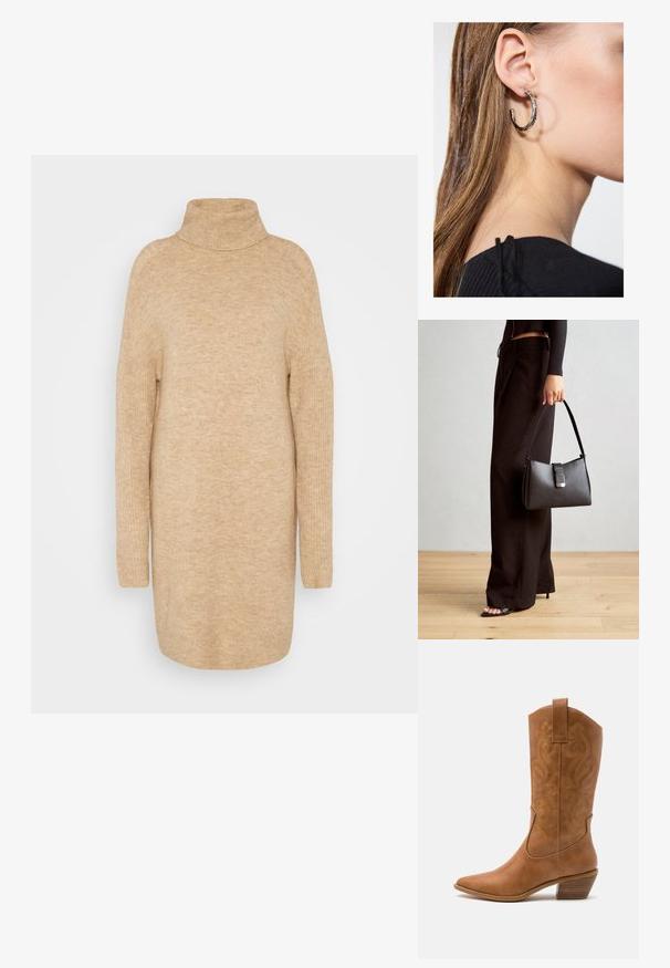 Bežinis golfas, minkšta mezginio tekstūra, laisvas siluetas, ilgos rankovės ir šiek tiek per didelis dizainas.; Ruda odinė kantri batai su smailiu būtų pirštu, siuvinėtais spiralės raštais ant viršaus ir su kamščiu blokuotu kulnu. Yra tamprių užtraukių, kad būtų lengviau užsidėti.; Juodas rankinė struktūrizuota forma, lygi tekstūra ir metalinis užsegimas. Suporuota su plačiomis juodomis kelnėmis ir atvirais bateliais ant medinių grindų.; Sidabrinė lankinė auskarai su poliruotu paviršiumi, turintys mažus auksinius akcentus ir apvalią formą, dėvimi ant ausies kaušelio.